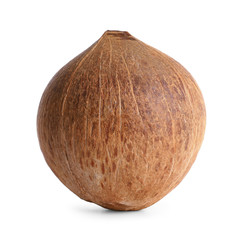 Ripe whole brown coconut on white background