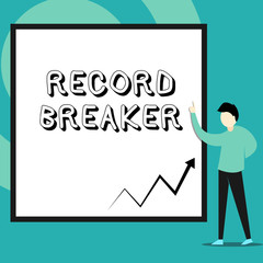 Conceptual hand writing showing Record Breaker. Concept meaning someone or something that beats previous best result Man standing pointing up blank rectangle Geometric background