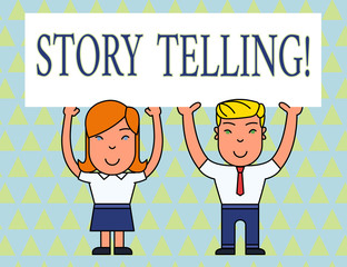 Text sign showing Storytelling. Business photo text activity writing stories for publishing them to public Two Smiling People Holding Big Blank Poster Board Overhead with Both Hands