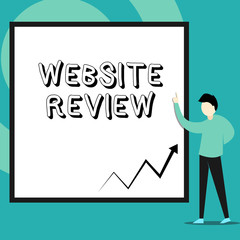 Conceptual hand writing showing Website Review. Concept meaning Reviews that can be posted about businesses and services Man standing pointing up blank rectangle Geometric background