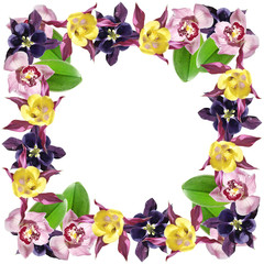 Beautiful floral pattern of Orchid and Aquilegia. Isolated