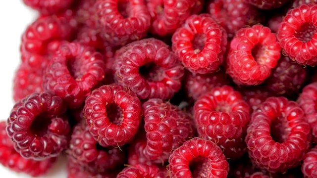 Close Up Rotation Loopable Berry. Fresh, Juicy Raspberry Background, Ripe. Macro Red Raspberries Fruit. Fresh Raspberry Fruits As Food Dackground. Healthy Food Organic Nutrition.