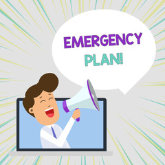 Conceptual hand writing showing Emergency Plan. Concept meaning actions developed to mitigate damage of potential events Man Speaking Through Laptop into Loudhailer Bubble Announce