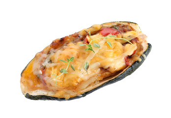 Baked stuffed zucchini on white background, top view