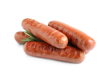 Delicious grilled sausages on white background. Barbecue food