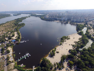 Aerial drone view of Kiev cityscape, Dnepr river.