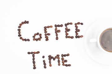 Coffee beans and coffee cup isolated on white background.Coffee time.Copy space.