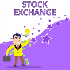 Text sign showing Stock Exchange. Business photo text An electronic market where owners of businesses get together Successful Businessman or Clerk Generating Good Idea or Finding Solution