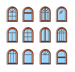 Arched & arc wooden window. Casement & awning window frames. Flat line icon set. Vector illustration. Isolated objects