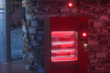 A retro street with vending machines on the side of the road at night, 3d rendering. - obrazy, fototapety, plakaty
