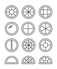 Round & circle window. Casement & awning window frames. Line icon collection. Vector illustration. Isolated objects
