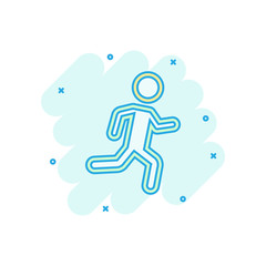 Running people sign icon in comic style. Run silhouette vector cartoon illustration on white isolated background. Motion jogging business concept splash effect.