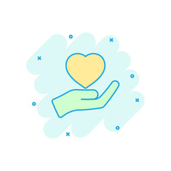 Heart care icon in comic style. Charity vector cartoon illustration on white isolated background. Love in hand business concept splash effect.