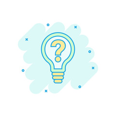 Problem solution icon in comic style. Light bulb idea vector cartoon illustration on white background. Question and answer business concept splash effect.