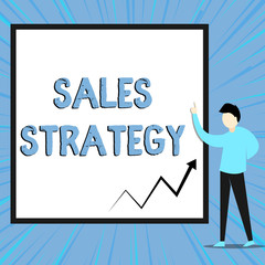 Word writing text Sales Strategy. Business photo showcasing Plan for reaching and selling to your target market Marketing View young man standing pointing up blank rectangle Geometric background