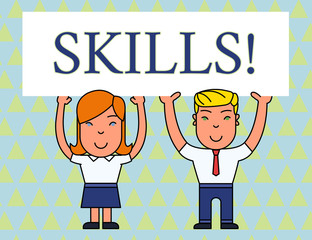 Text sign showing Skills. Business photo text ability do something very well by nature Two Smiling People Holding Big Blank Poster Board Overhead with Both Hands