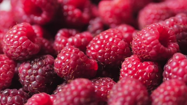 Close Up Rotation Loopable Berry. Fresh, Juicy Raspberry Background, Ripe. Macro Red Raspberries Fruit. Fresh Raspberry Fruits As Food Dackground. Healthy Food Organic Nutrition.