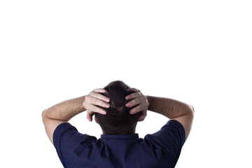 Rear view of worried man is holding his head on white background. Stress, headache and frustration concept