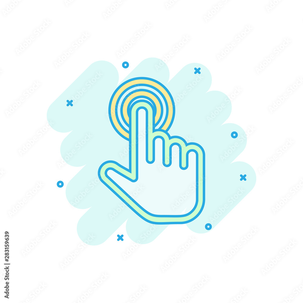 Aufkleber click mouse icon in comic style. pointer vector cartoon illustration on white isolated background. h