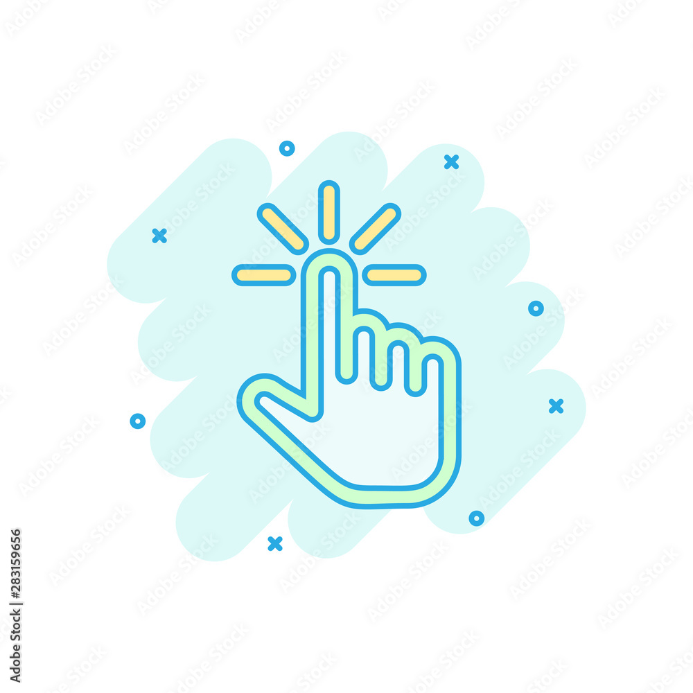 Aufkleber click mouse icon in comic style. pointer vector cartoon illustration on white isolated background. h