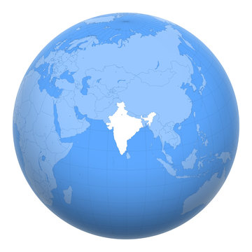 India On The Globe. Earth Centered At The Location Of The Republic Of India. Map Of India. Includes Layer With Capital Cities.