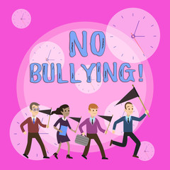 Writing note showing No Bullying. Business concept for stop aggressive behavior among children power imbalance Crowd Flags Headed by Leader Running Demonstration Meeting
