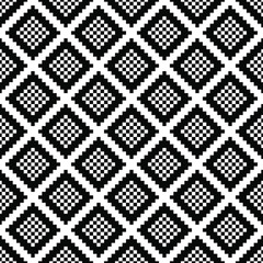 Seamless geometric pattern of black jagged rhombus and white squares.