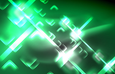 Neon square and line lights on dark background with blurred effects