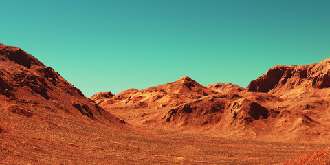 Mars landscape, 3d render of imaginary mars planet terrain, science fiction illustration. - obrazy, fototapety, plakaty
