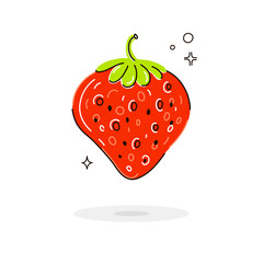 Sweet berry in doodle style isolated on white background. Vector cute icon. Concept art illustration with red strawberry can be used for logo, poster, banner, t-shirt print, emblem, sticker