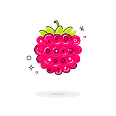 Sweet berry in doodle style isolated on white background. Vector cute icon. Concept art illustration with red raspberry can be used for logo, poster, banner, t-shirt print, emblem, sticker