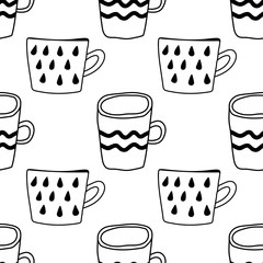 Black and white illustration of tea or coffee mugs. Seamless pattern for coloring book, page.