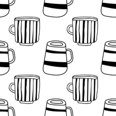 Black and white illustration of tea or coffee mugs. Seamless pattern for coloring book, page.
