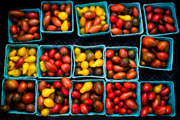 Baskets of organic vegetables on the counter. Fresh organic produce on sale at the local farmers market. Organic, agriculture products. Freshly, seasonal harvested vegetables. Bio, healthy.