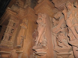 Erotic sexual murals of women with Tits, interior inside the temple, Khajuraho, Madhya Pradesh,...