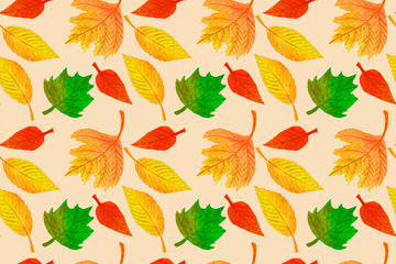 Autumn seamless pattern with colorful leaves. Fall backdrop of yellow, red and green foliage on warm orange background. Hand drawn watercolor illustration. Fabric and textile print template