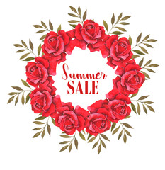Watercolor botanical illustration with red roses. Design for shops, summer sale. Wedding design. Greeting card. Advertising for Valentine's Day, Mother's Day, Women's Day. Template for the design of a