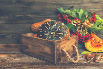 Autumn leaves with red berries and pumpkin on old wooden background with copy space. Fall harvest cornucopia. Autumn season. Copy space on wood background.
