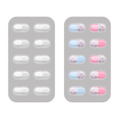 Blister packs capsule pills realistic vector set. Pharmacy isolated monochrome and colorful packagings. Aspirin, antibiotics or painkiller drugs.