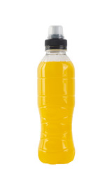Isotonic energy drink. Bottle with yellow transparent liquid, sport beverage isolated on a white background