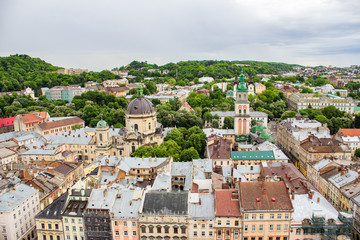Fototapeta premium Architecture of Lviv. Lviv is the cultural center of Ukraine. Television and town hall in the center. Tourist attractions. .