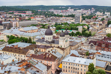 Fototapeta premium Architecture of Lviv. Lviv is the cultural center of Ukraine. Television and town hall in the center. Tourist attractions. .