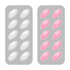 Blister packs oval pills realistic vector set. Pharmacy isolated monochrome and colorful packagings. Aspirin, antibiotics, vitamin or painkiller drugs.