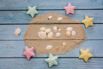  Creative sandbox beach shells stars dream fashion background on blue wooden board
