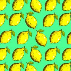 Fruits pattern with yellow fresh lemons and green leaves on green background. Great element for food design.