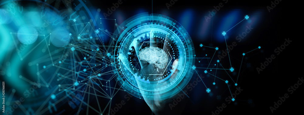 Poster Artificial intelligence (AI) with machine deep learning and data mining and another modern computer technologies UI by hand touching low poly icon.