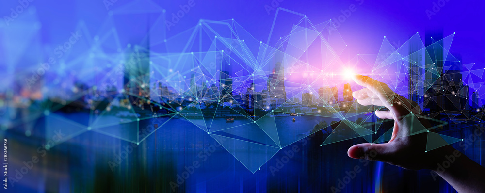Poster woman hand touching wireless network and connection technology elements covering on abstract buildin