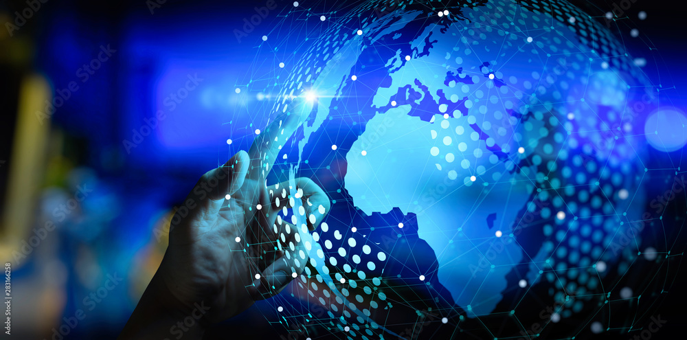 Poster Hand touching Telecommunication network and wireless mobile internet technology  with 5G LTE data connection of global business, fintech, blockchain.