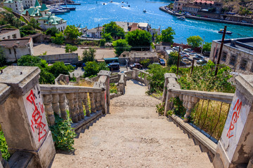 Balaklava bay in summer in sunny weather. Crimea, Russia. A lot of boats and ships. Bay for boats.