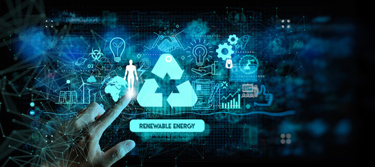 Hand touching Sustainable development FUI with icons of renewable energy and natural resources...